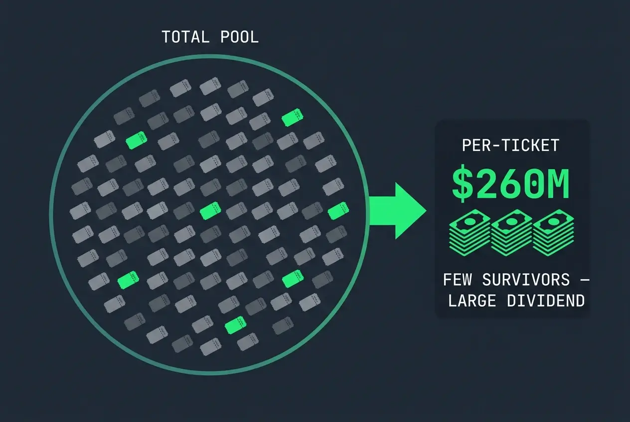 Diagram showing how a large pool divided among very few correct tickets produces a high per-ticket dividend
