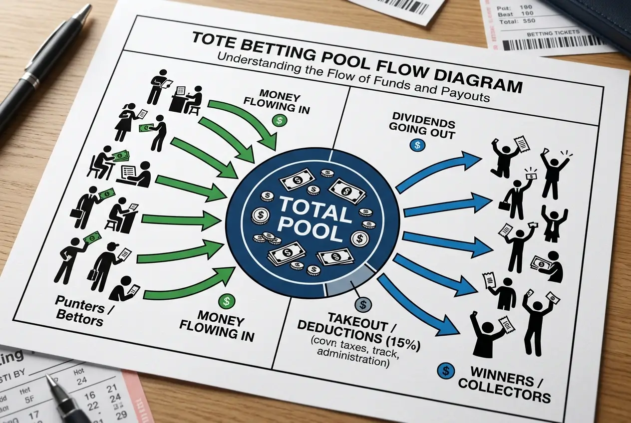 Shared pari-mutuel pool diagram showing punters betting against each other