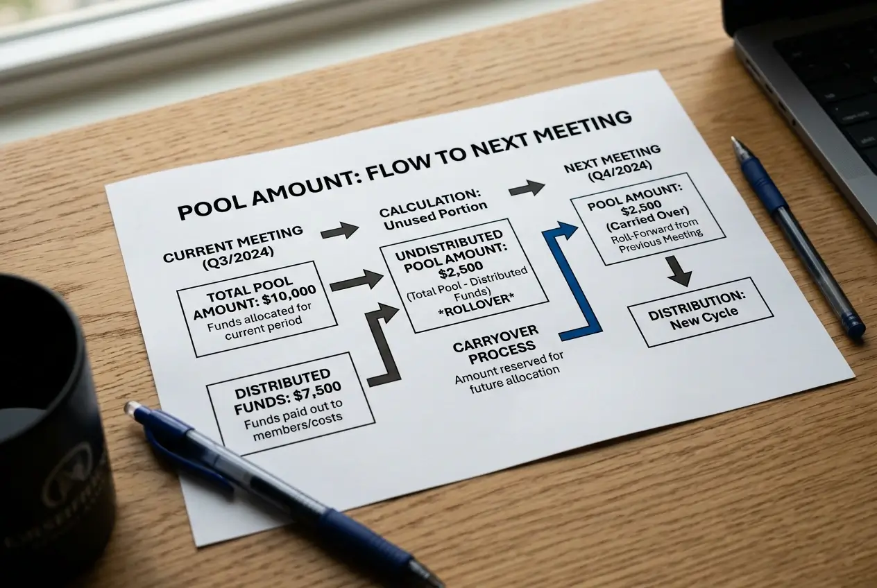 Pool carry-over accounting showing undistributed pool moving to next meeting