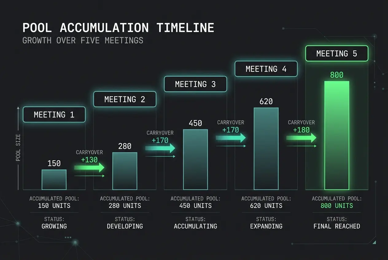Timeline diagram showing how a pool accumulates across multiple race meetings through successive rollovers
