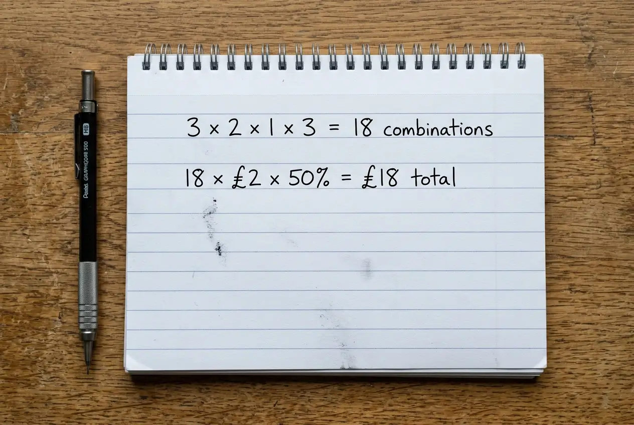 Written combination count workings showing selections per leg multiplied for total pool combinations