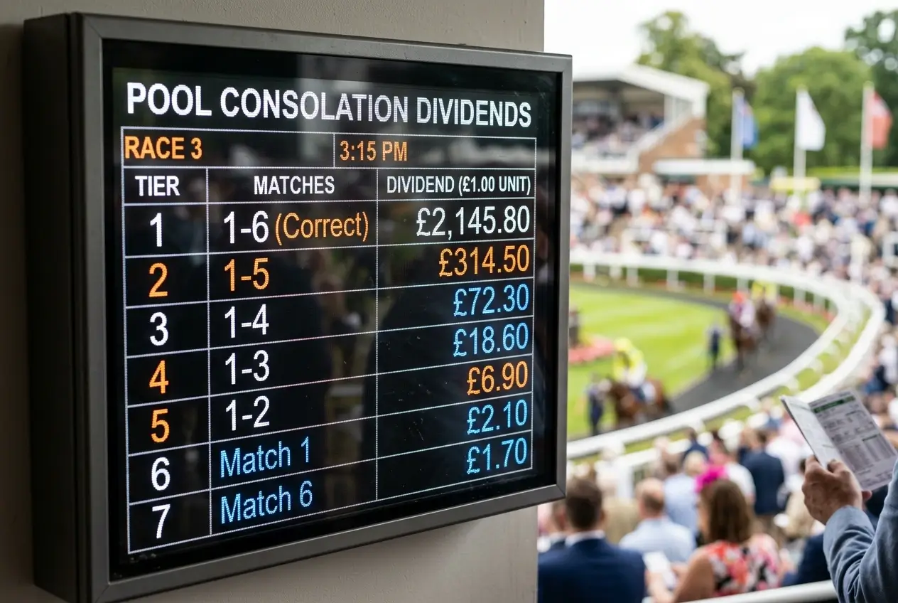 Pool consolation dividend board showing three-from-four payout tier