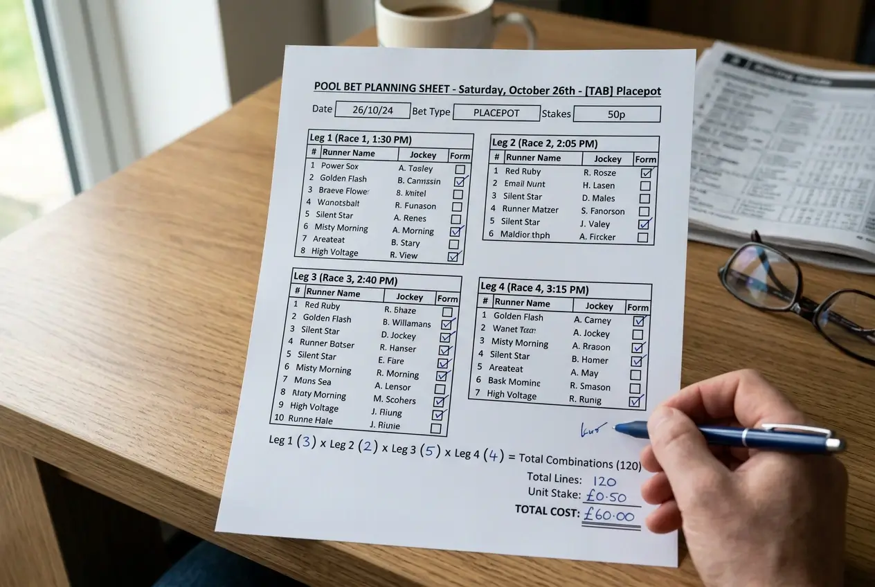 Race day worksheet showing pool bet combination count adjusted with flexi percentage for budget