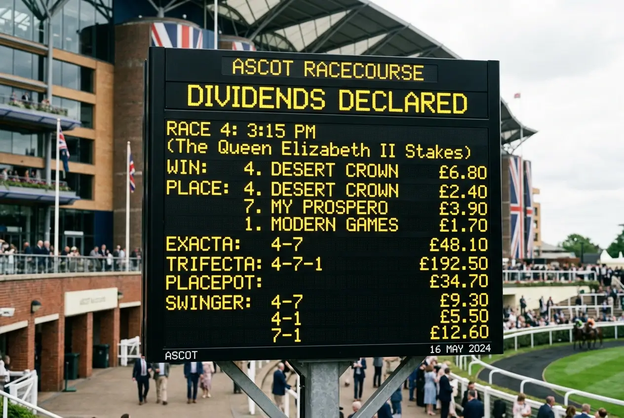 Tote dividend declared board showing pool payouts after horse racing results at a British meeting