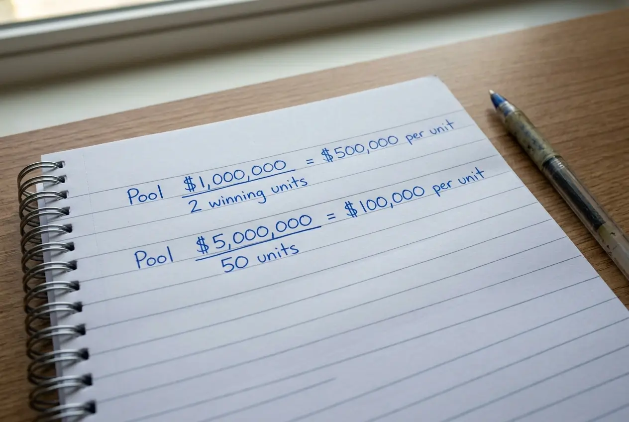 Simple calculation showing pool divided by small number of winning units producing large dividend