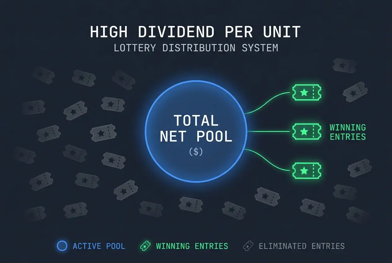Diagram showing the net pool being divided among a small number of winning pool tickets to produce a high per-unit dividend