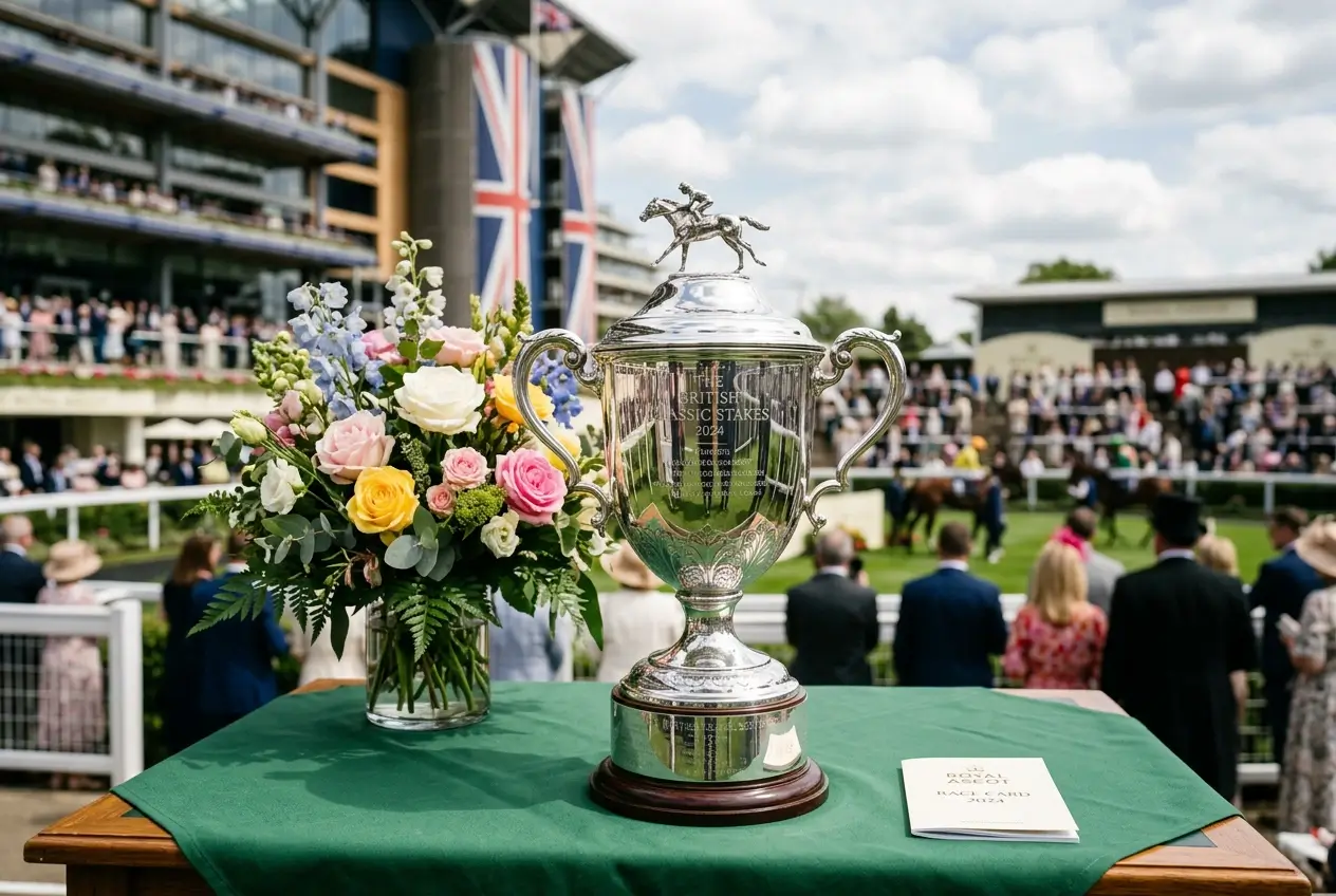 Racehorse owner holding trophy at British racecourse prize presentation ceremony