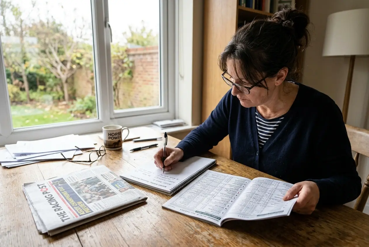 Punter at desk evaluating quaddie tip structure against own form notes