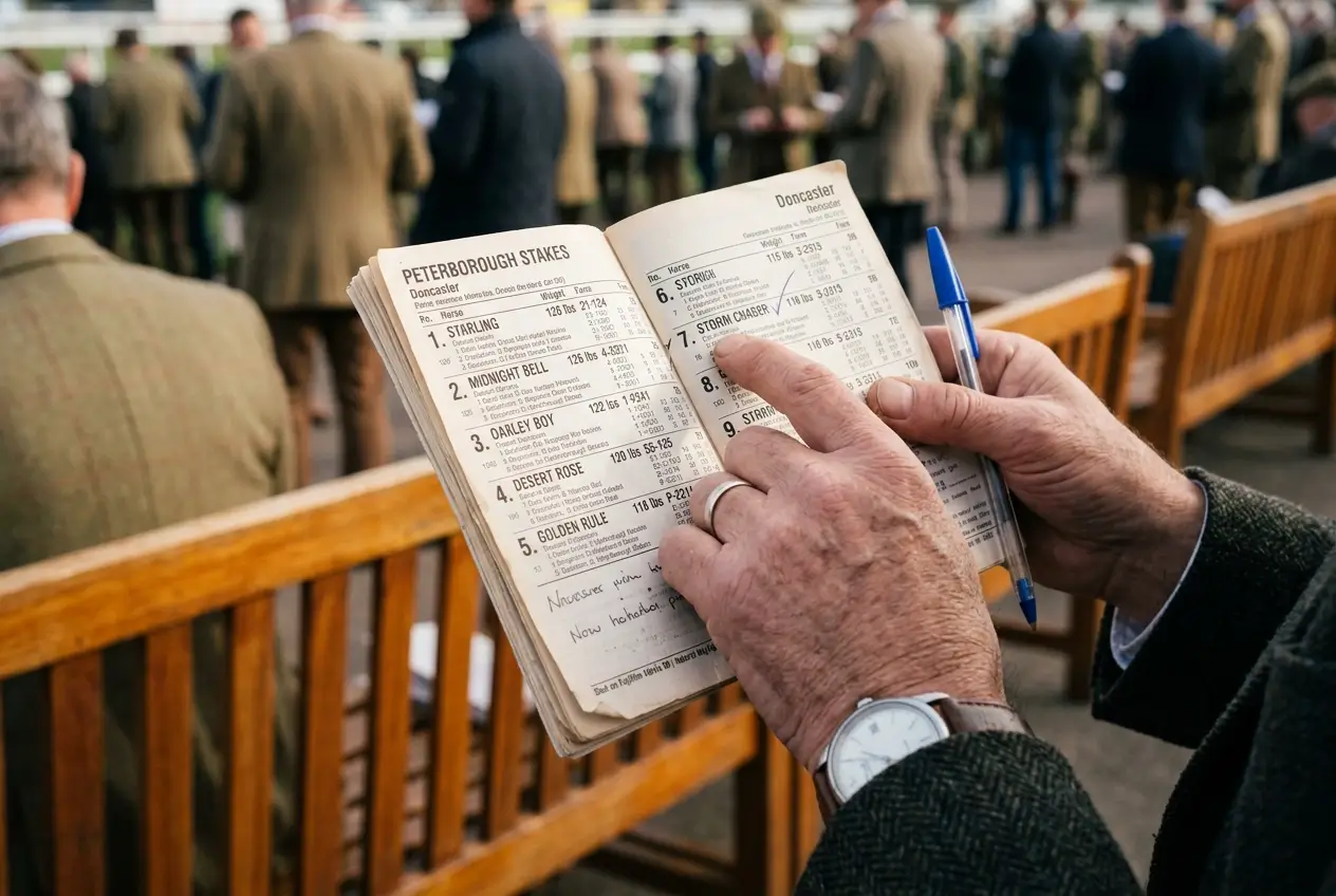 Horse racing punter studying form guide at racecourse with race card open