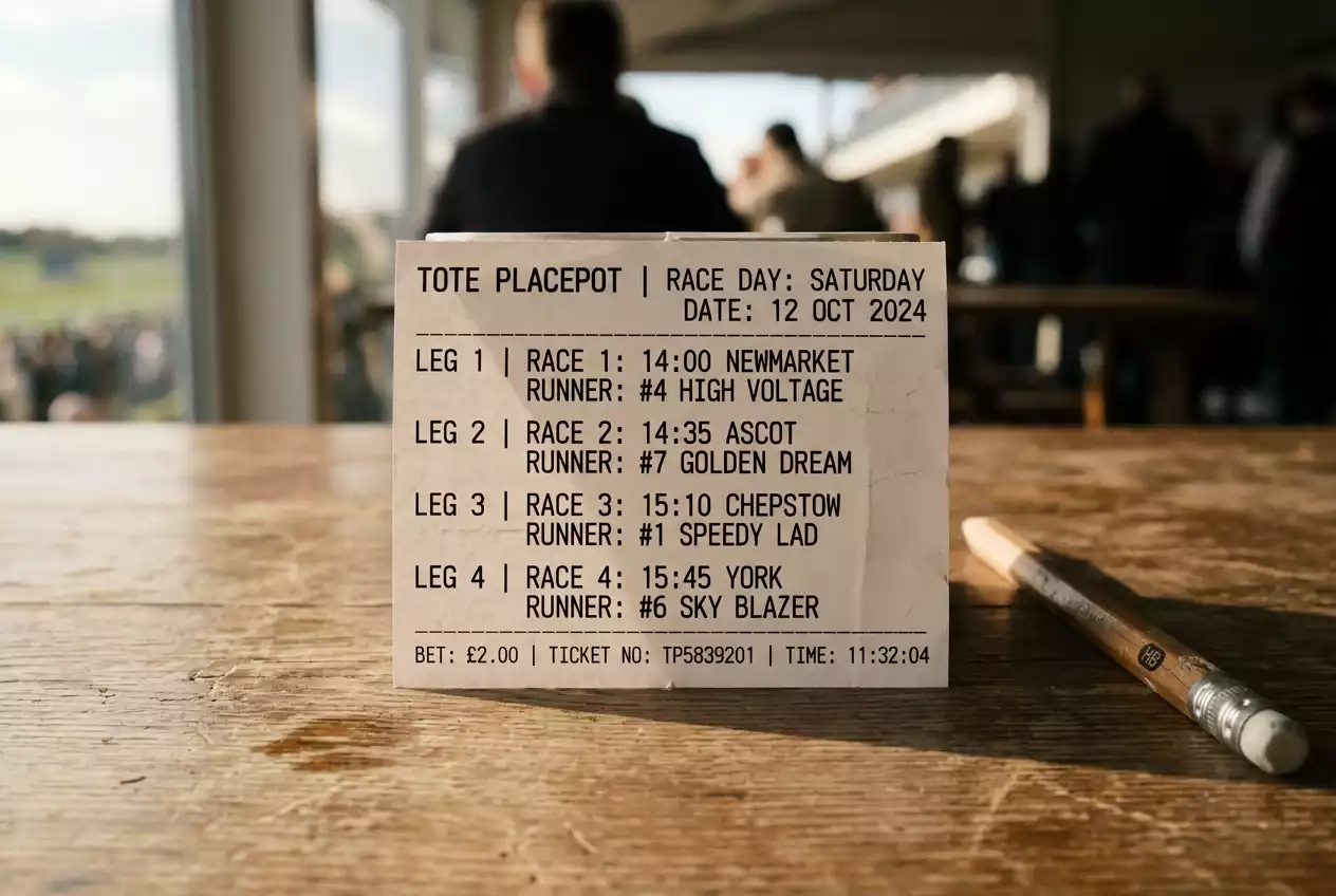 A pari-mutuel pool betting ticket showing four race legs at a UK racecourse