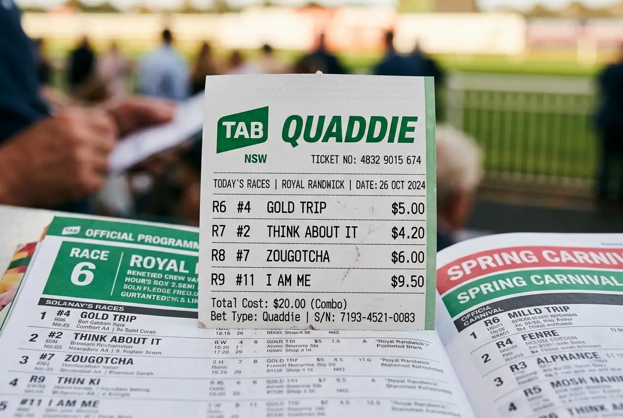 Australian pari-mutuel quaddie betting ticket with four race selections