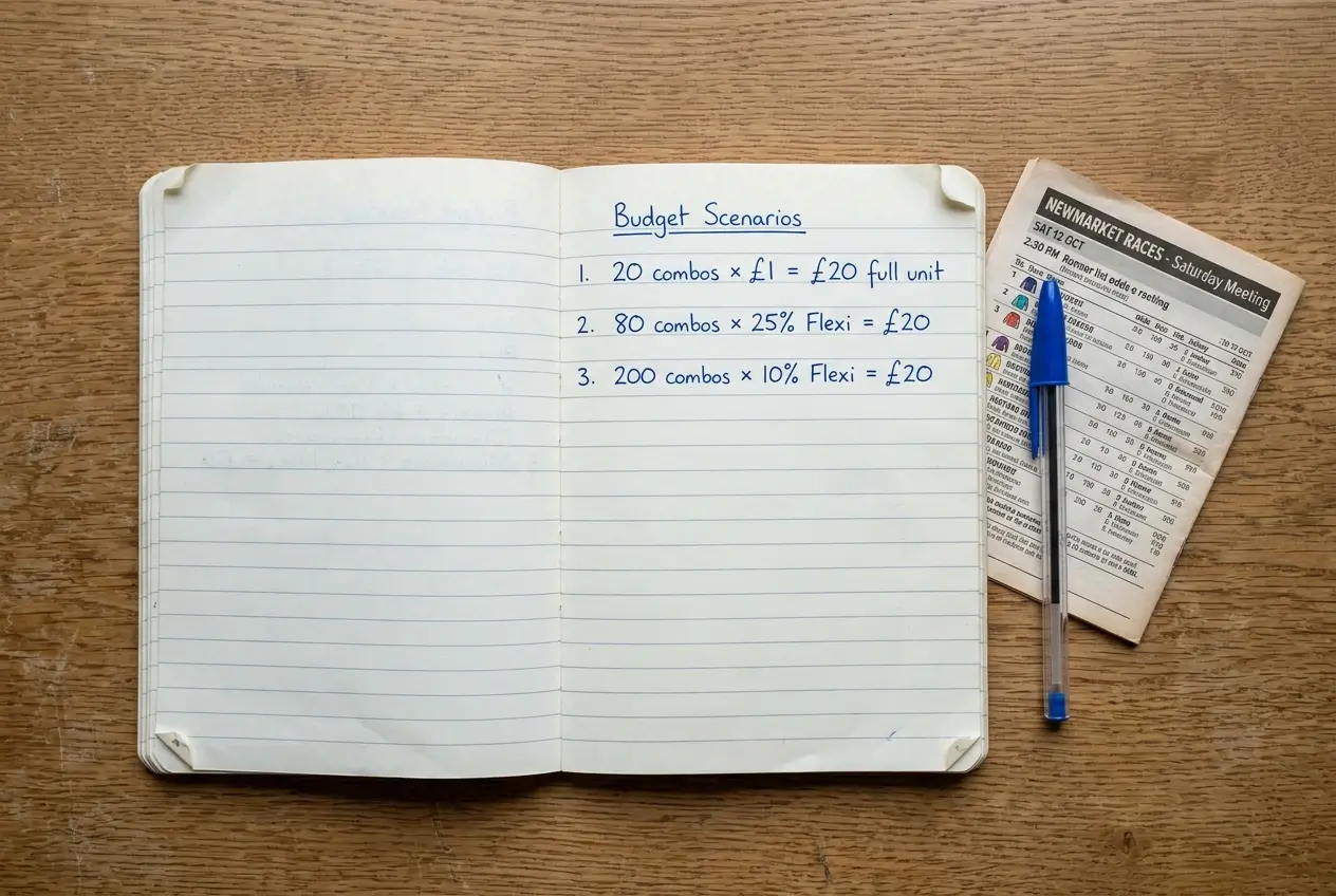 Open notebook on a table with handwritten quaddie budget calculations showing three different combination and flexi options