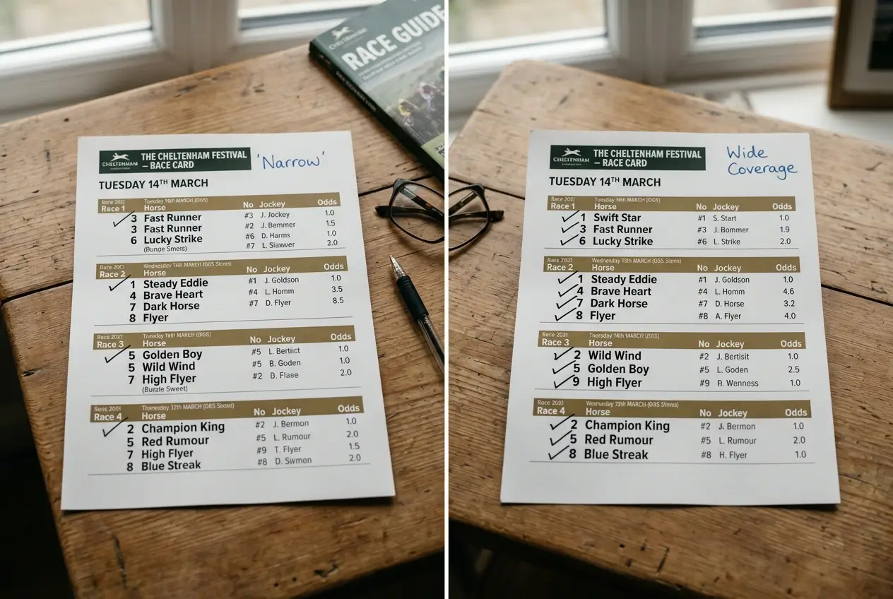 Side-by-side comparison of narrow versus wide quaddie coverage structures on a race card