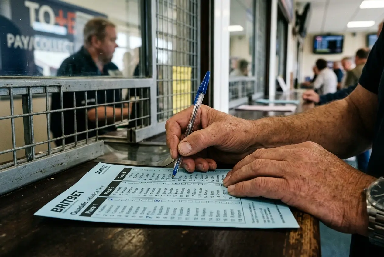 Punter completing a quaddie selection form with four race legs marked at a racecourse Tote window