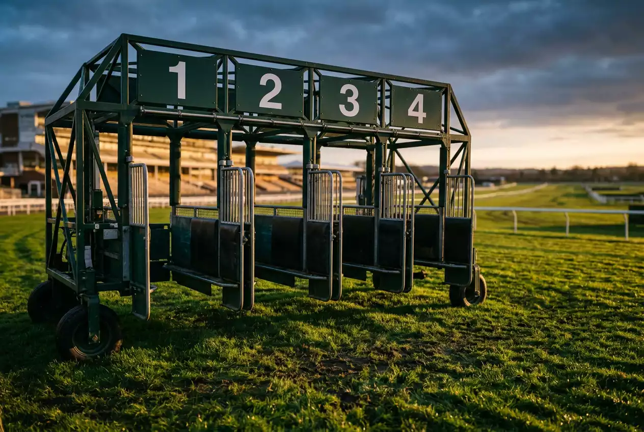 Four numbered race gates at a UK racecourse, representing the four legs of a quaddie pool bet