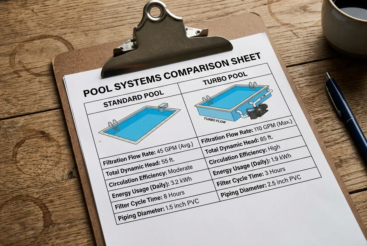Side-by-side comparison of standard and turbo quaddie pool structures