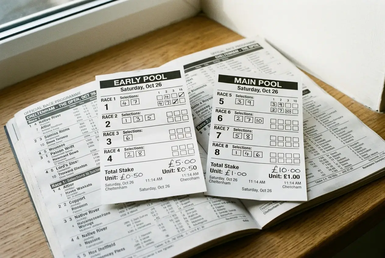 Two separate quaddie pool betting slips for early and main quaddie