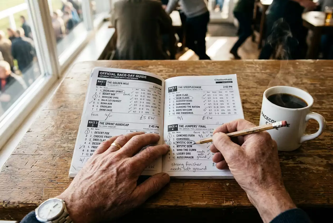 Racing form guide open on a desk showing a punter studying race selections for a four-leg pool bet