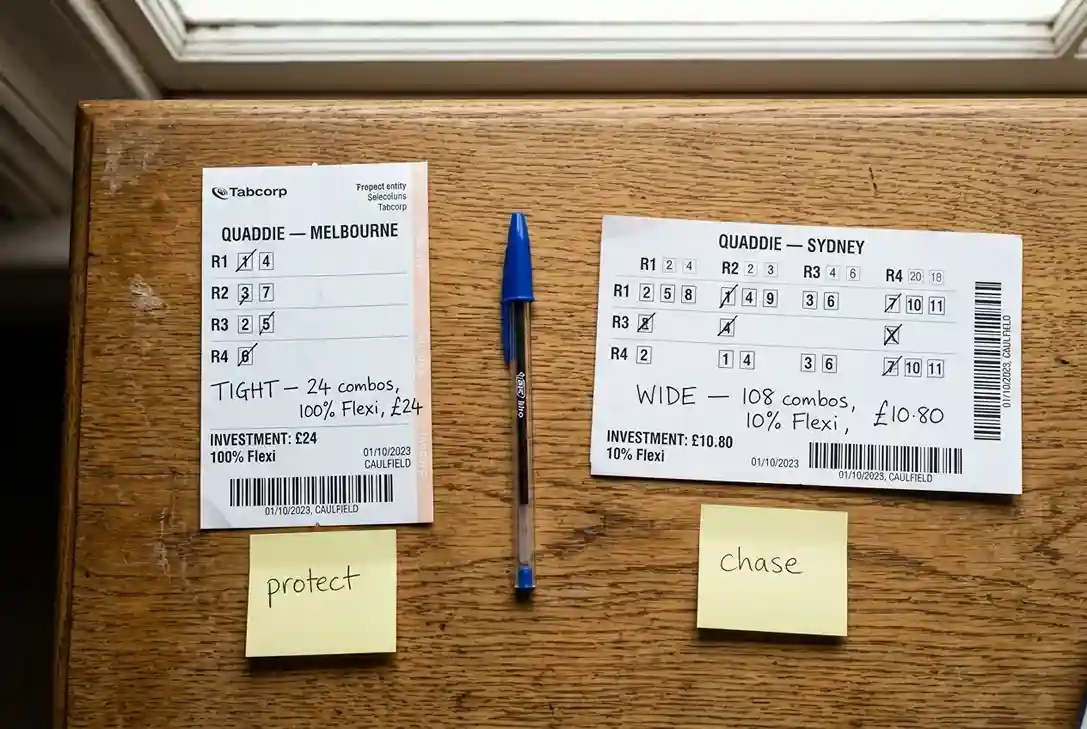 Two separate quaddie bet slips on a table representing a narrow high-flexi ticket and a wide low-flexi ticket as dual-strategy approach