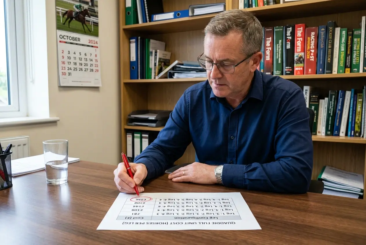 Analyst pointing to a printed table showing full unit cost rising from 81 to 256 pounds as selections increase leg by leg