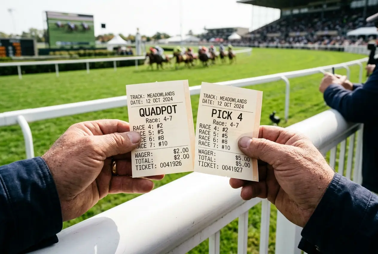 Bettor holding two printed bet receipts showing a Quadpot ticket and a Pick 4 ticket for the same race meeting