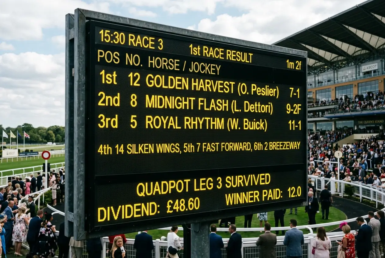 Horse racing result board showing placed runners in Quadpot nominated races at British meeting