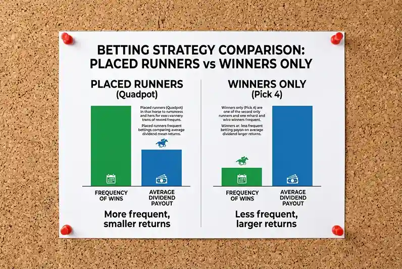 Simple two-column graphic showing higher win frequency with smaller dividends for placed-runner bets versus lower frequency with larger dividends for winners-only