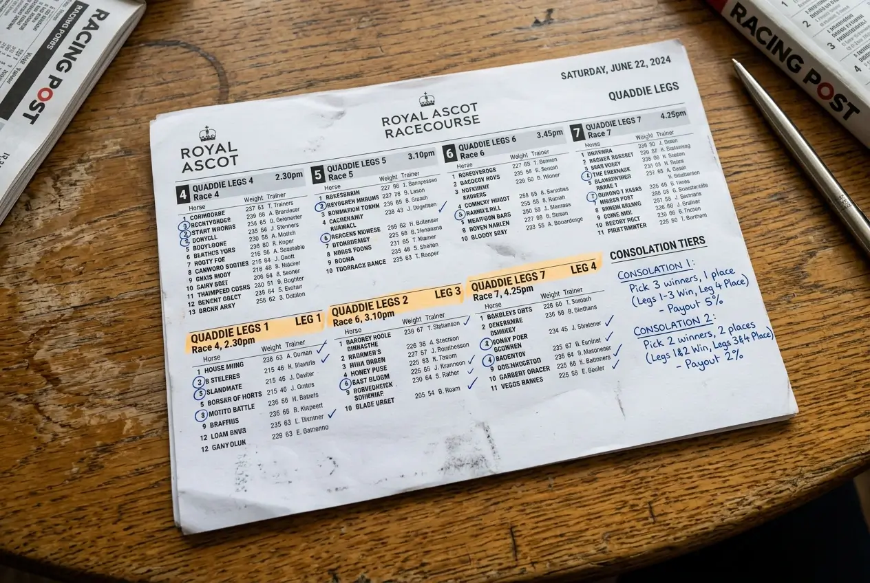 Race card with four quaddie legs circled and consolation tiers noted