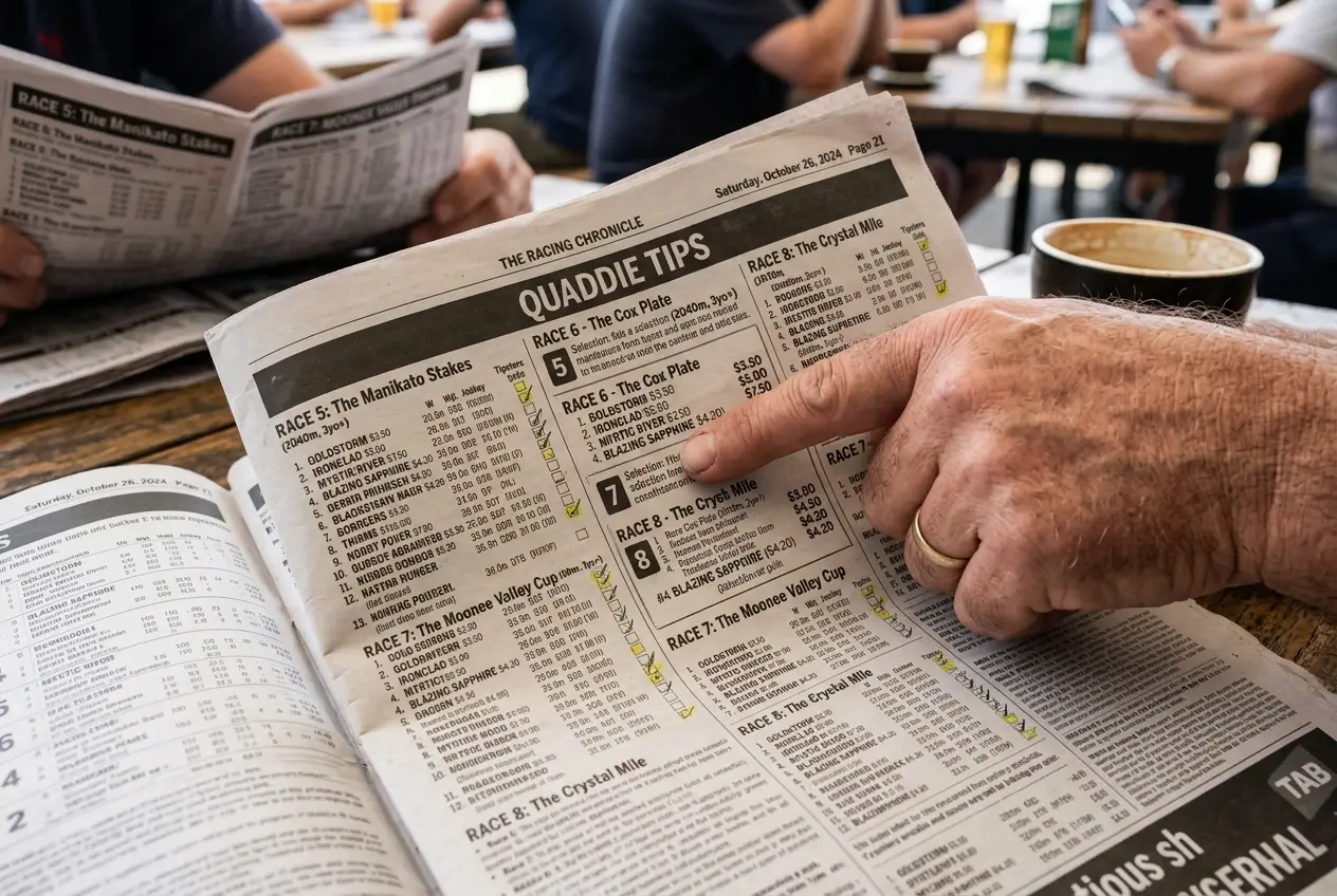 Racing form guide open to quaddie tips column with leg-by-leg selections
