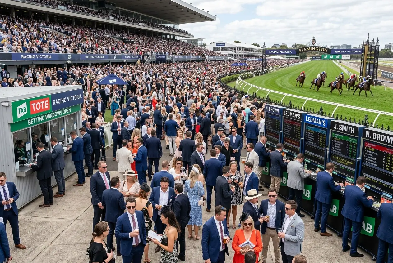 Racing Victoria metropolitan race meeting with large crowd and pool boards