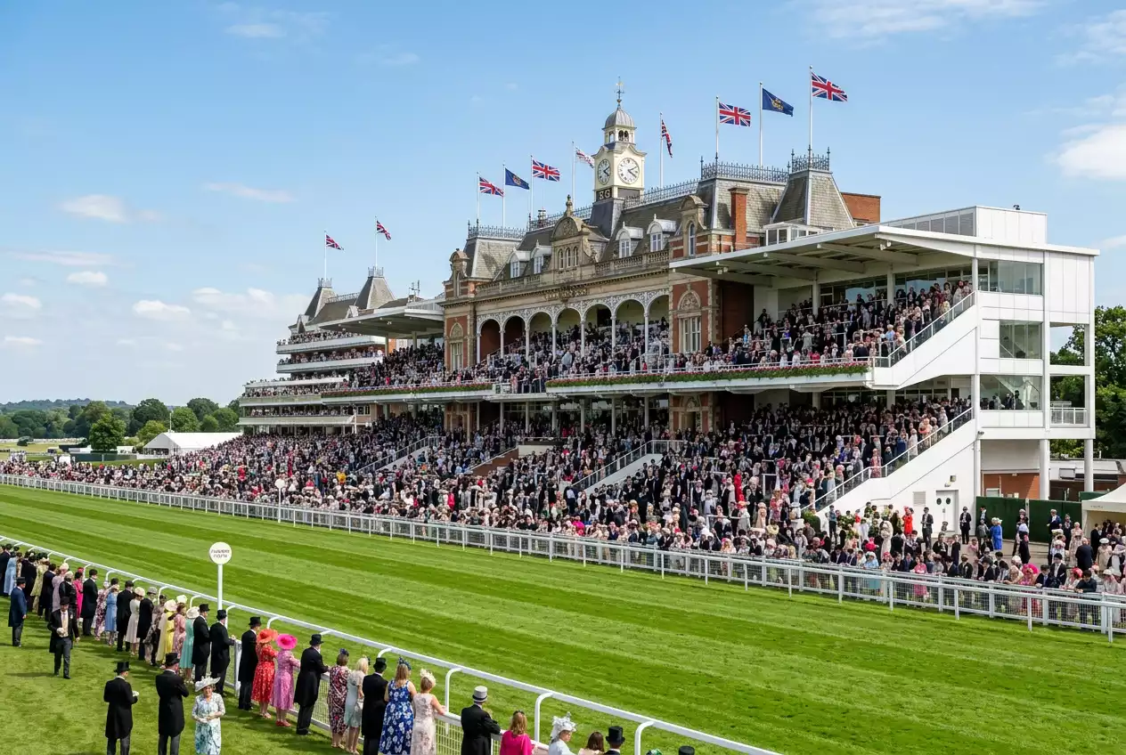 Royal Ascot grandstand packed with racegoers on a World Pool betting day, with the racecourse in the background