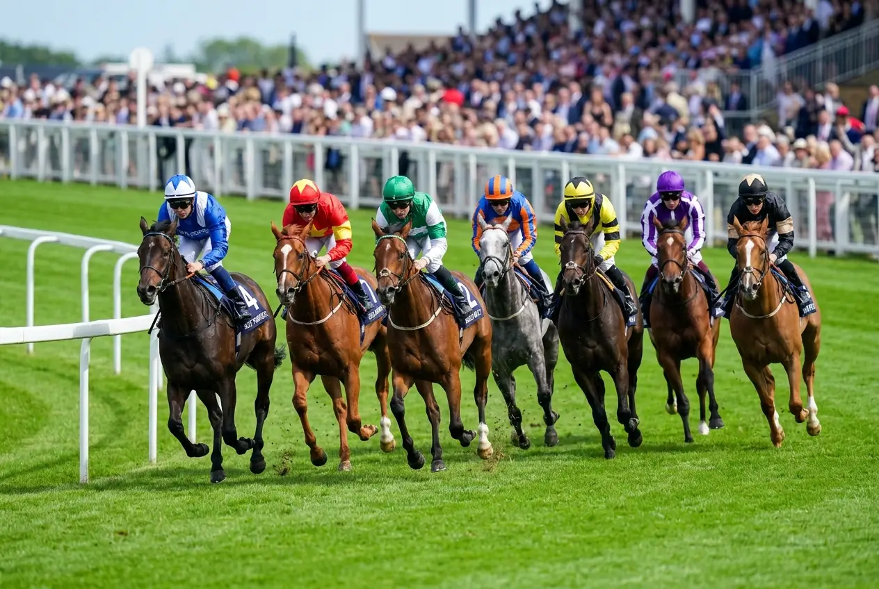 Thoroughbred horses in full sprint during a Group 1 race at Royal Ascot on the turf