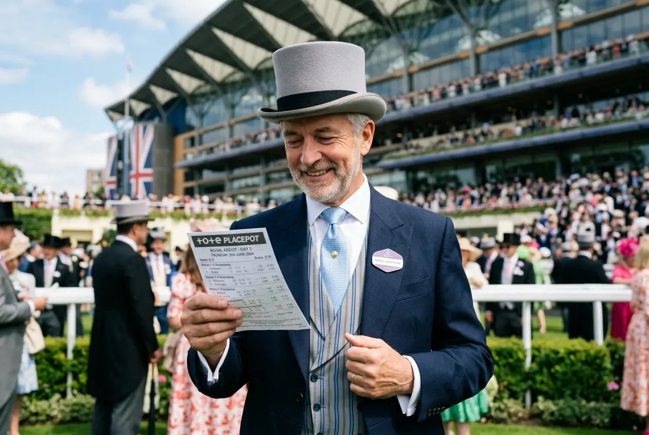 Bettor examining a printed Placepot winning ticket at Royal Ascot with the racecourse grandstand and racing crowd visible behind