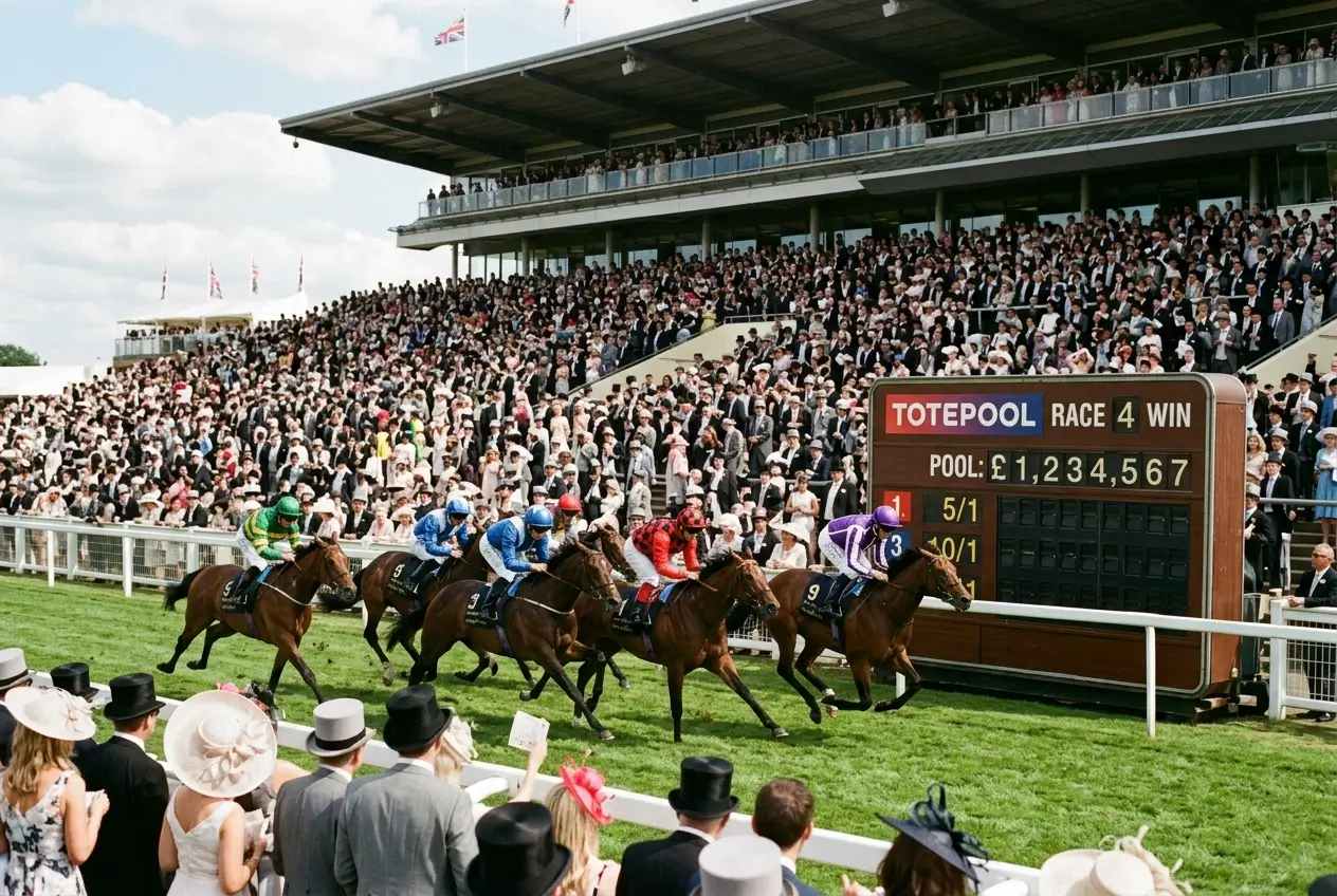 Royal Ascot racecourse with horses racing on turf and large Tote pool betting boards visible