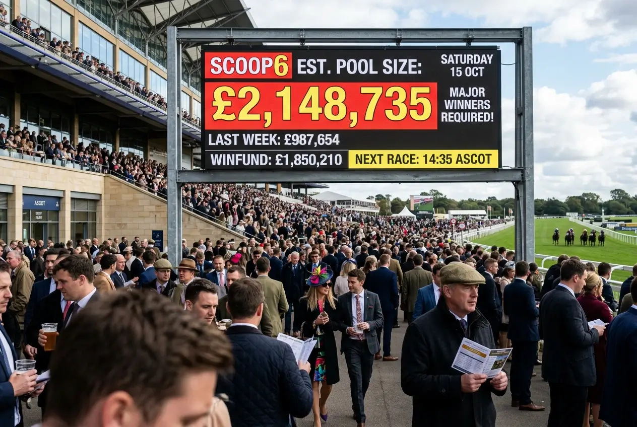 Large Saturday Scoop6 pool size display at major televised race meeting
