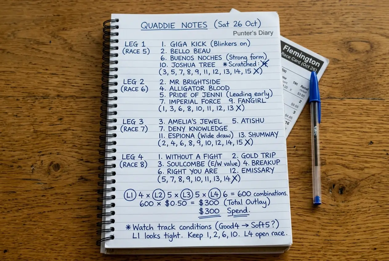 Tipster handwritten quaddie leg structure with selections and combinations