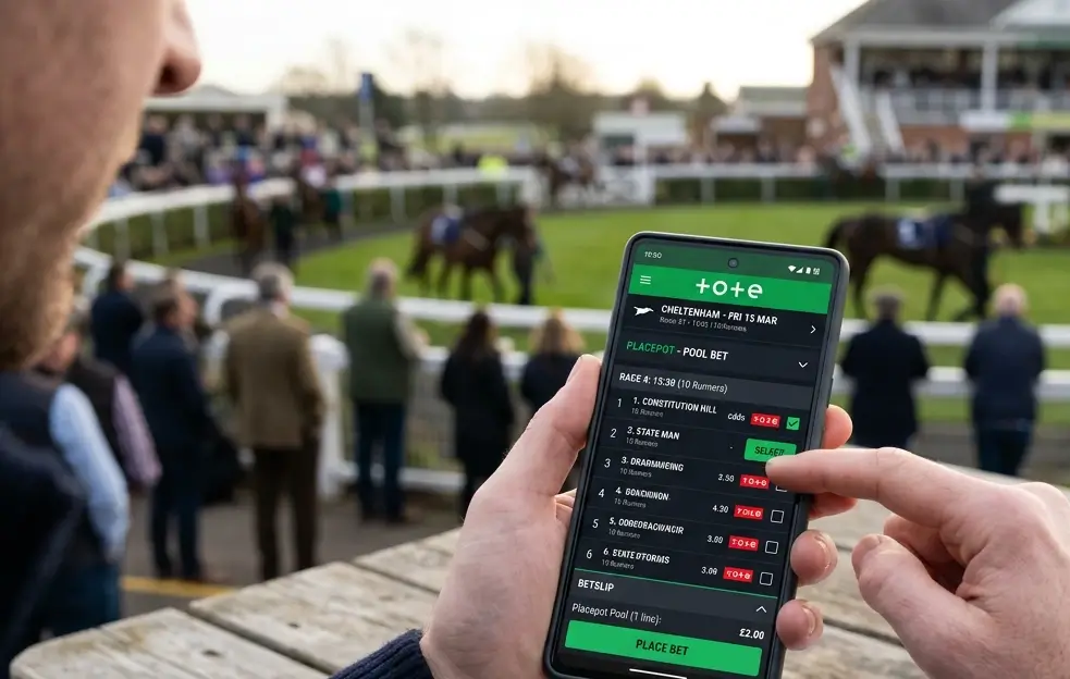 Person using the Tote mobile app on a smartphone to place a pool bet during a UK race meeting