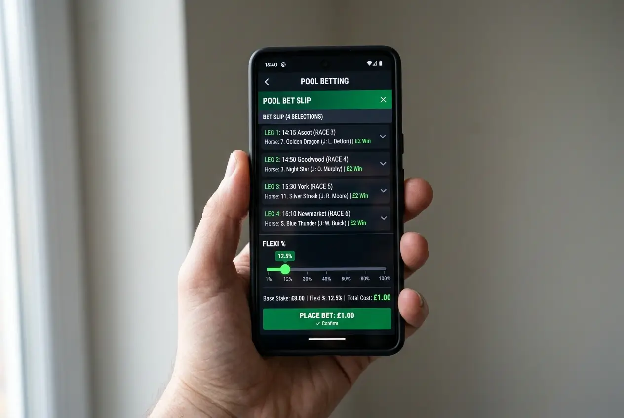 Tote mobile app showing pool bet entry with flexi percentage and minimum stake options