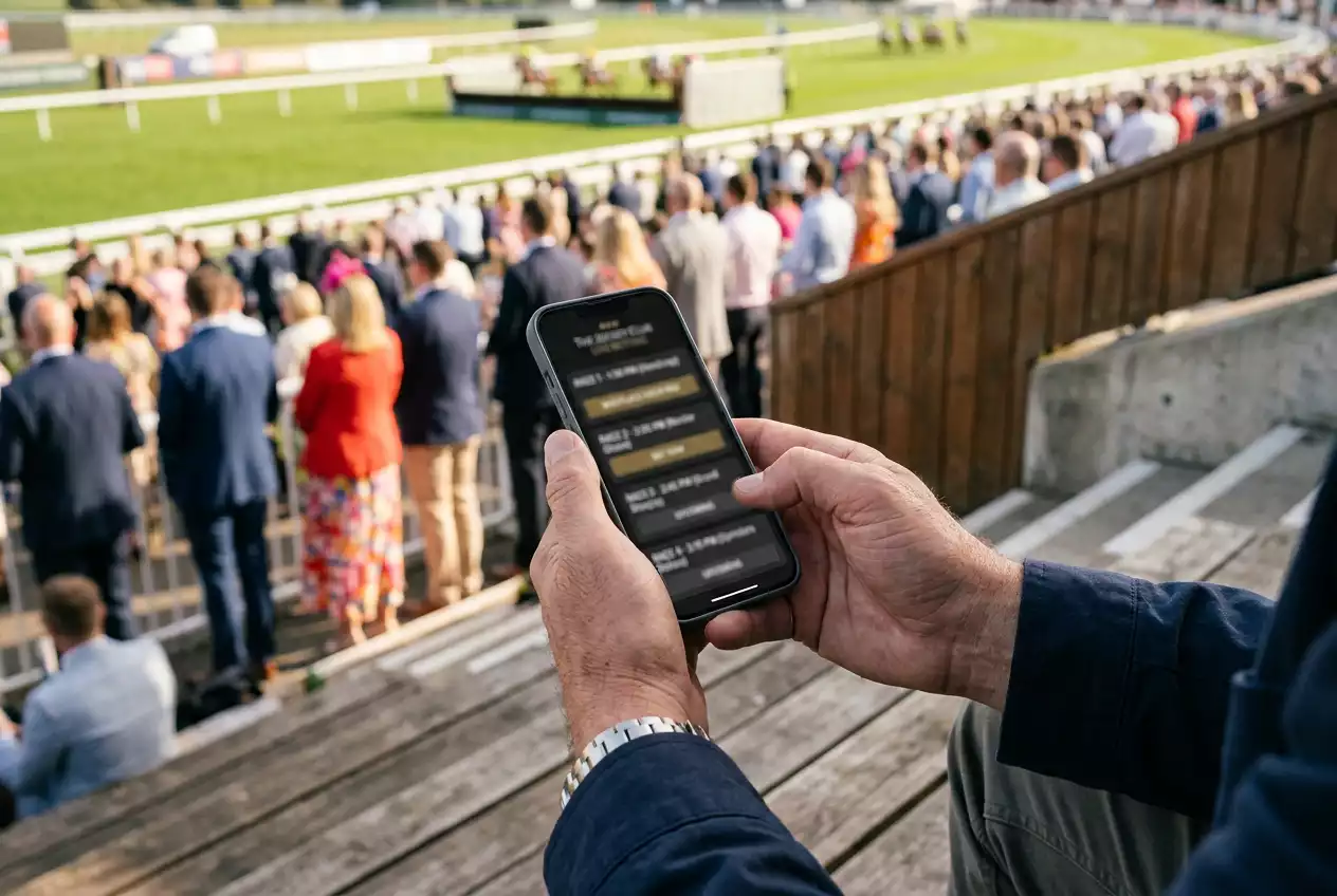 Person using a smartphone to place a Tote pool bet online at the racecourse