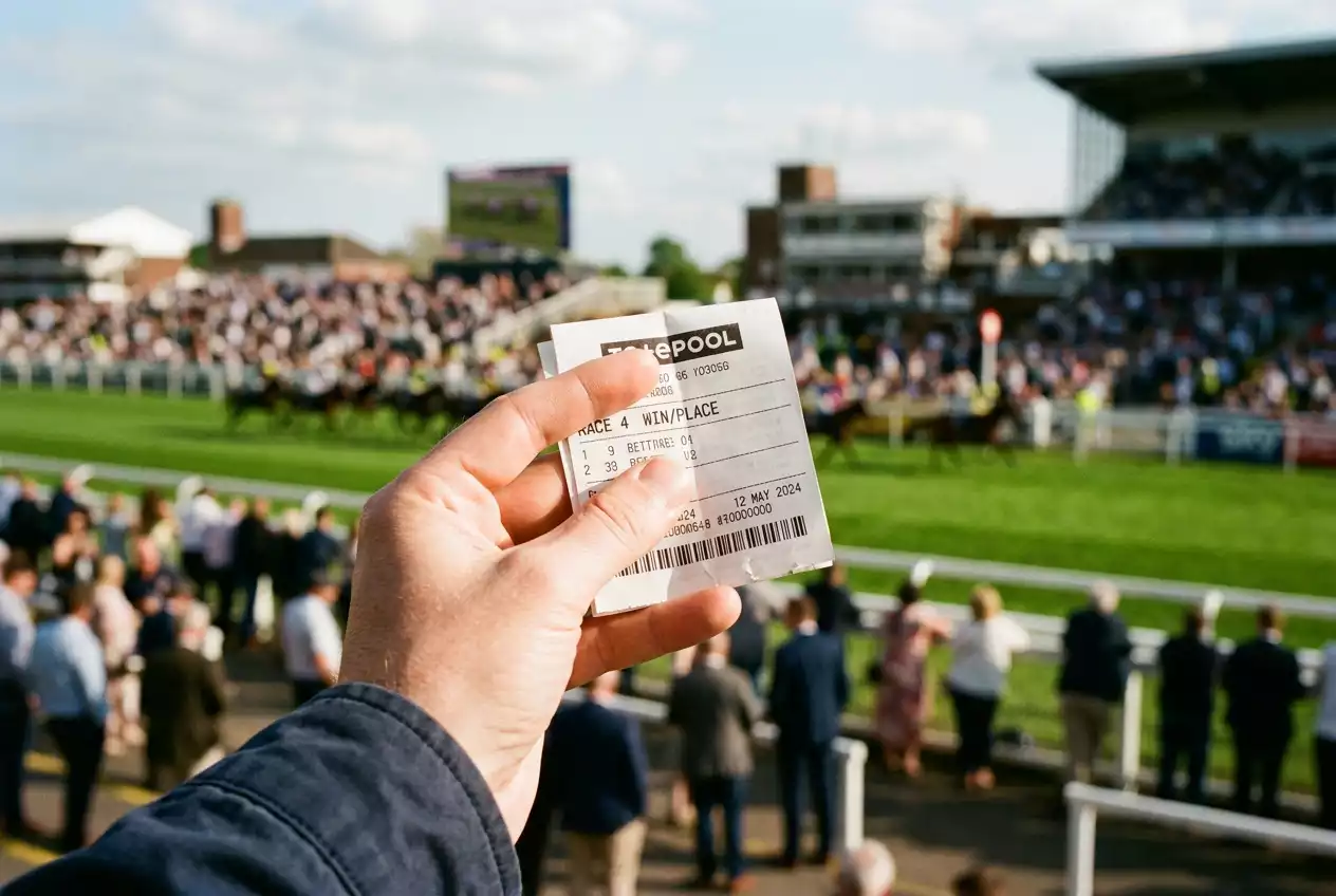 UK punter holding a completed Tote Quadpot betslip at a racecourse betting window
