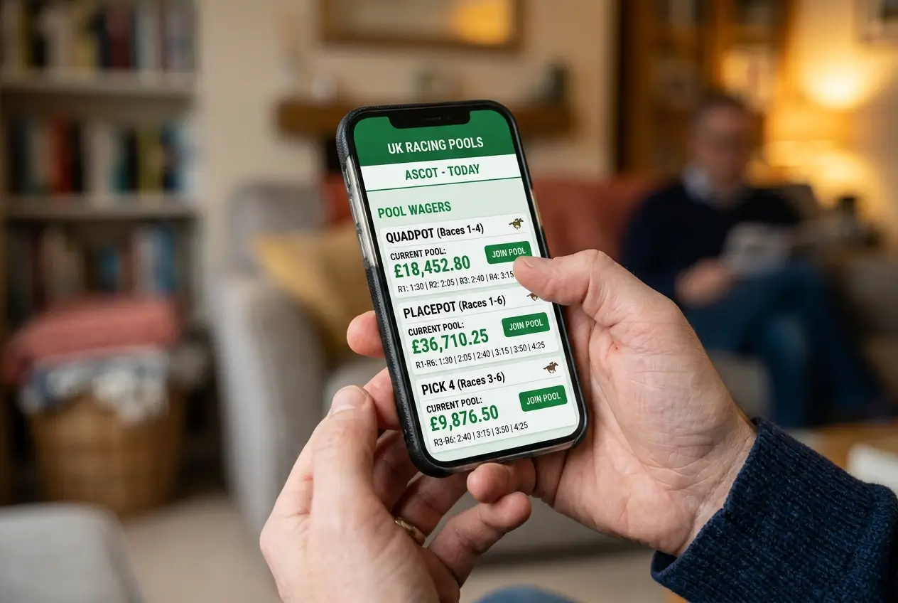 Person using a smartphone with the Tote betting app open showing pool betting options for a UK race meeting
