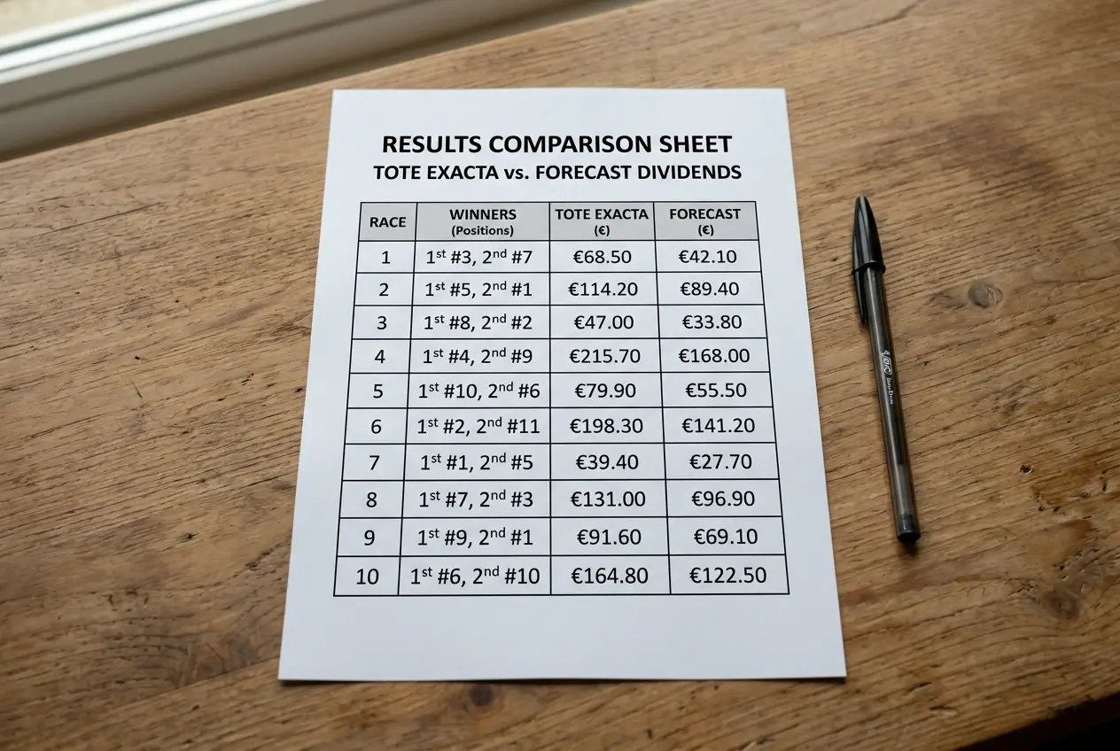 Data result sheet showing Tote Exacta outperforming bookmaker Forecast across race meetings