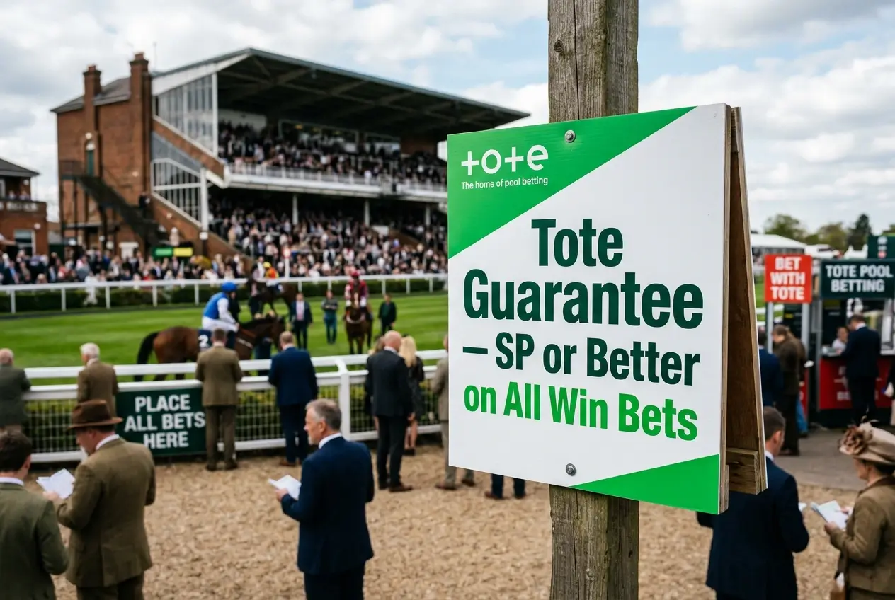 Tote Guarantee promotional board at racecourse showing SP or better assurance for win bets