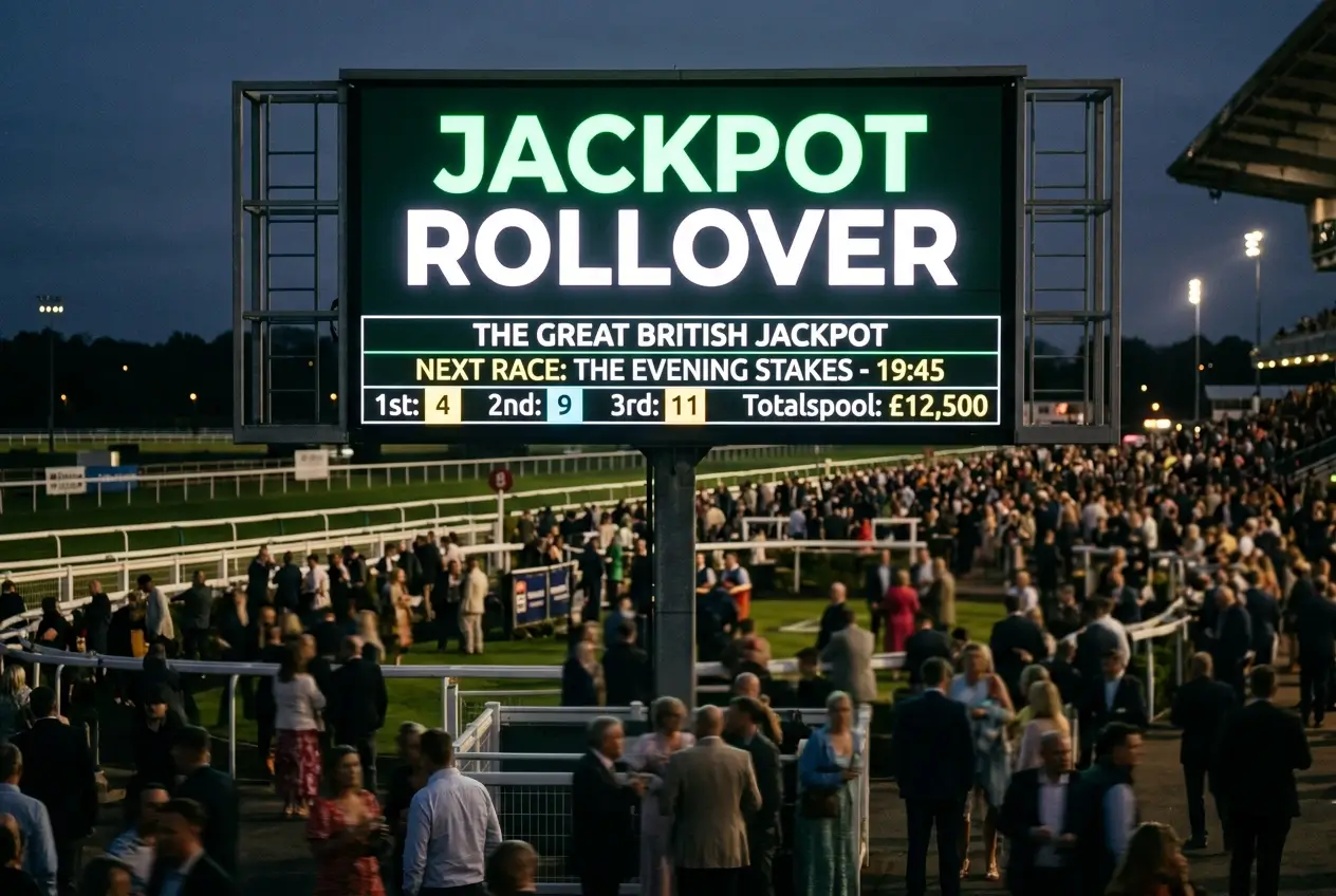 UK racecourse prize board showing a Tote Jackpot rollover with a growing accumulated prize amount