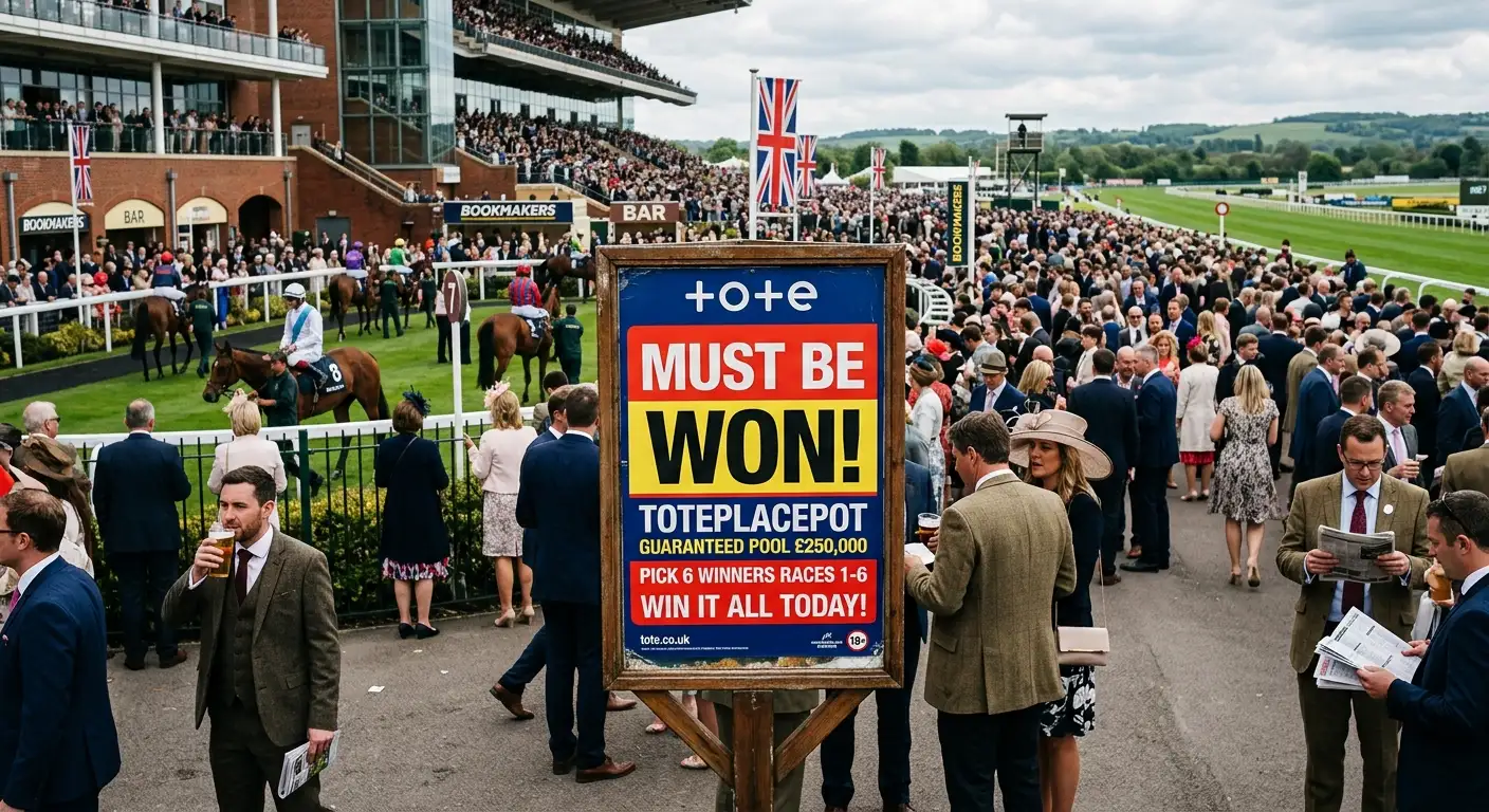 Must-be-won race day Tote sign attracting punters to Jackpot pool