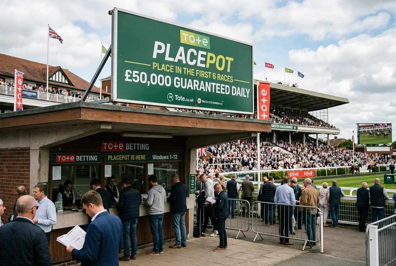 Tote Placepot board at British racecourse showing six nominated races and pool guarantee amount