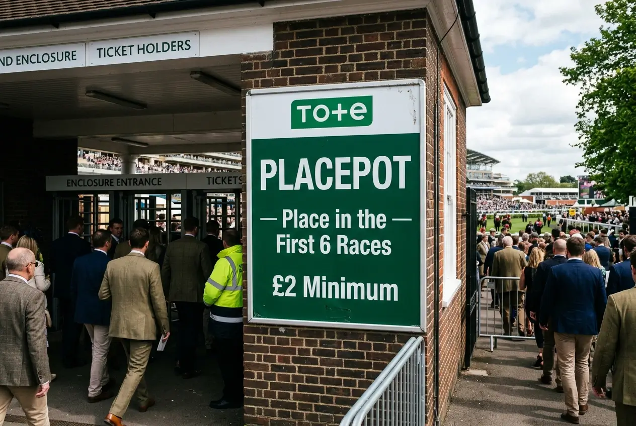Tote Placepot product sign at British racecourse showing six race legs and minimum stake