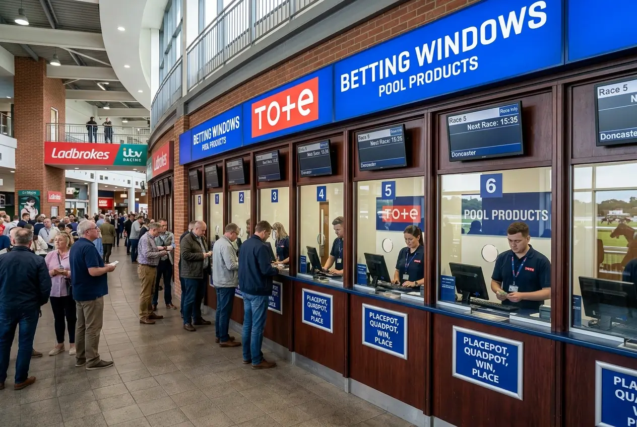 Tote branded on-course betting windows at a British racecourse showing pool product signs