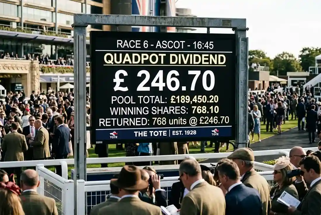 Tote betting board at a British racecourse displaying declared pool dividend figures after the final leg settles