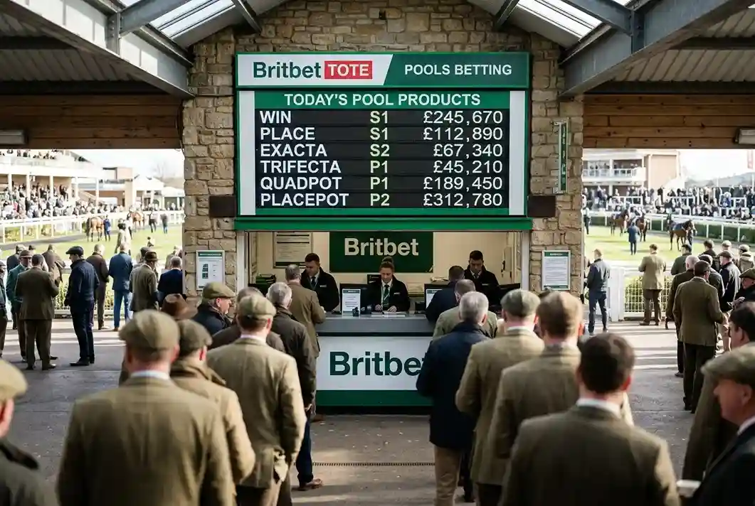 Britbet Tote window board at a UK racecourse listing Placepot, Quadpot and Pick 4 pool products available for the day